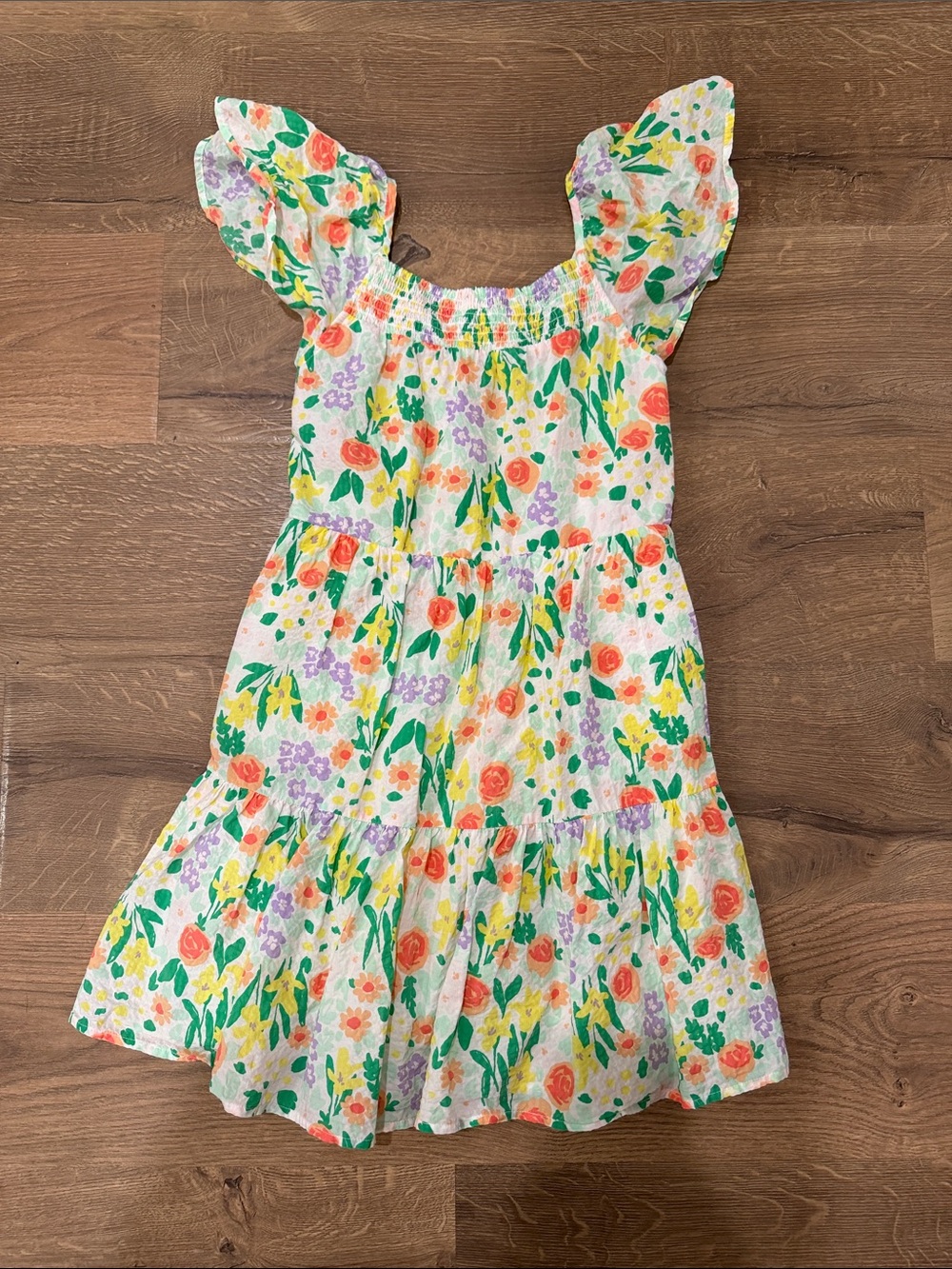 Cat & Jack White Floral Tiered Dress with Coral, Yellow & Green